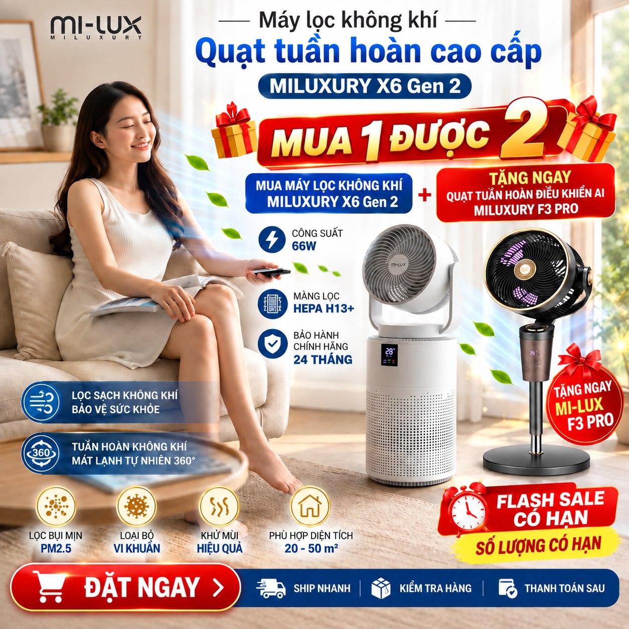 Ưu đãi mua MILUXURY X6 Gen 2 tặng quạt MI-LUX F3 Pro điều khiển giọng nói AI